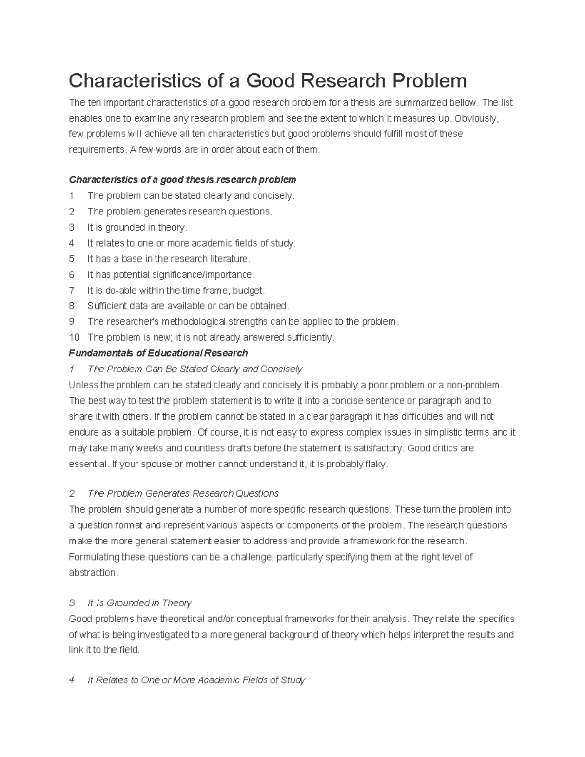 Characteristics of a Good Research Probl - The list enables one to ...