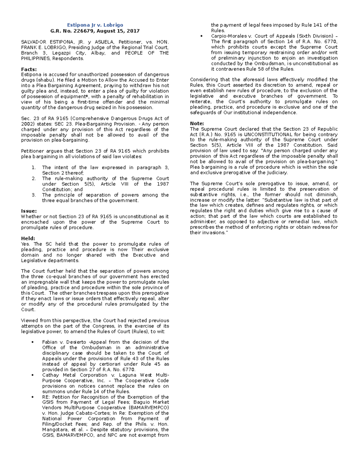 Estipona vs. Lobrigo - Estipona Jr v. Lobrigo G. No. 226679, August 15 ...
