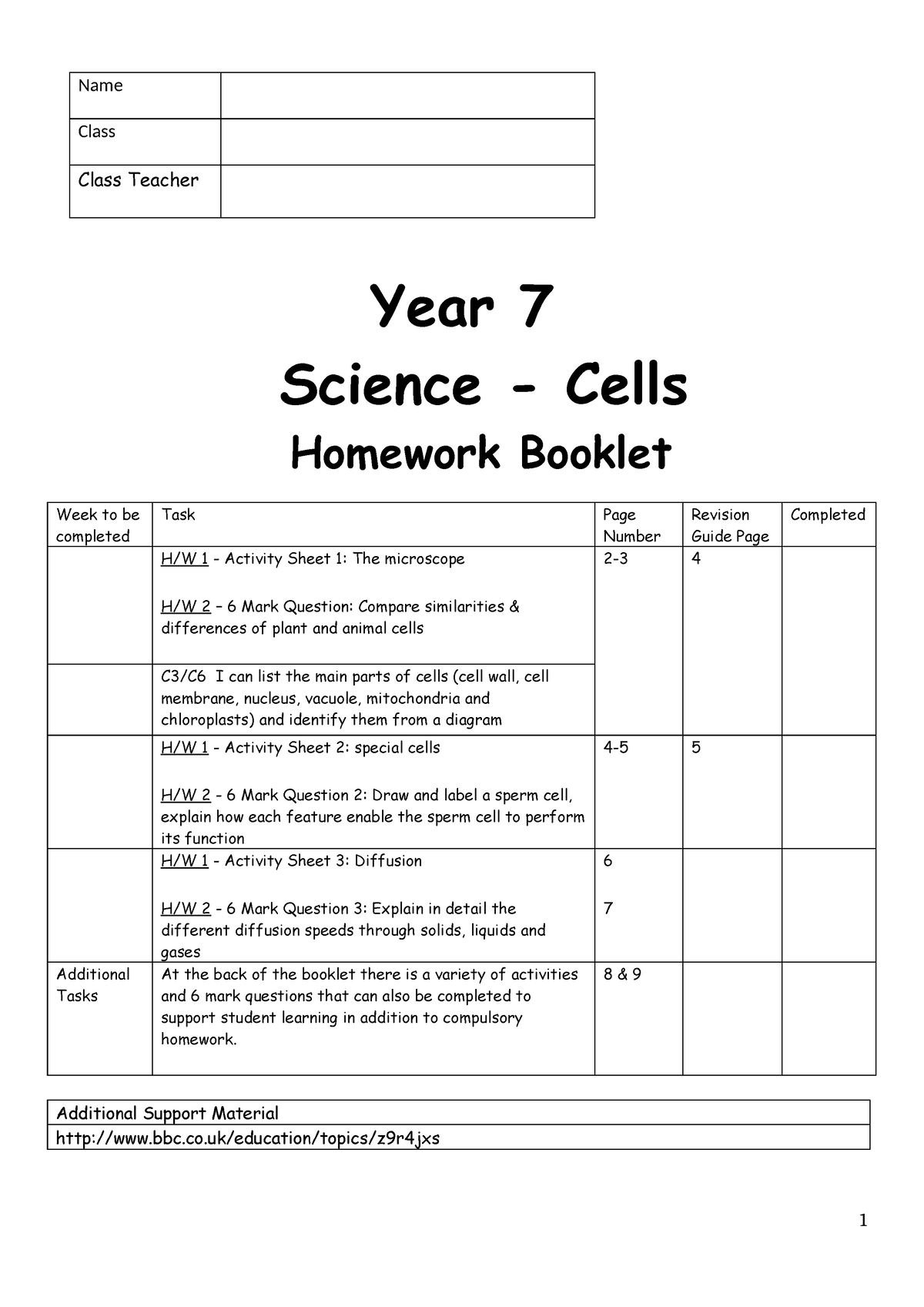 1) Homework Booklet Cells - Year 7 Science - Cells Homework Booklet ...