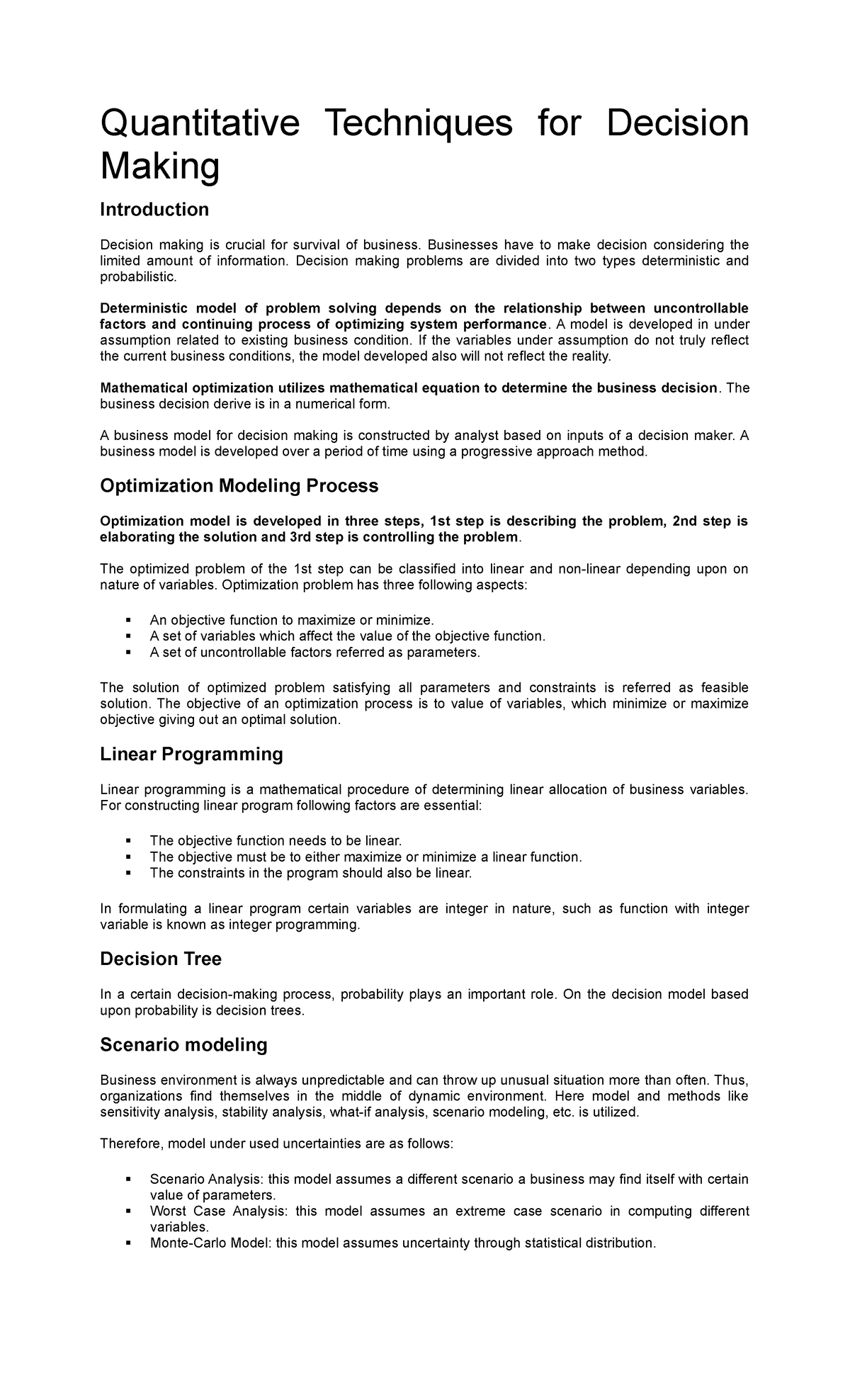 case study on quantitative techniques for decision making