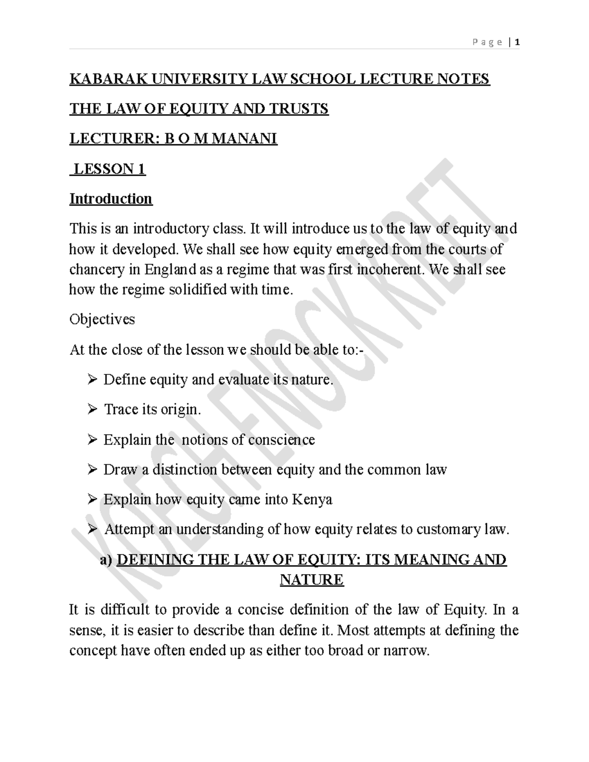 Equity And Trust - KABARAK UNIVERSITY LAW SCHOOL LECTURE NOTES THE LAW ...