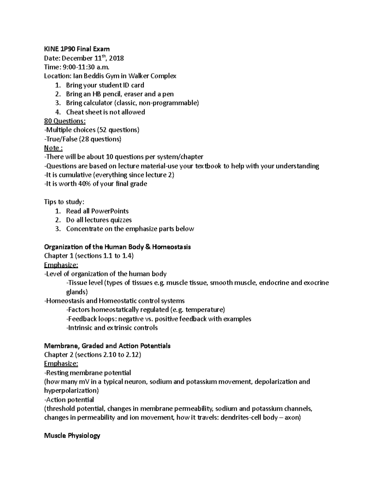 Final Exam Review - Summary Human Systems Anatomy and Physiology - KINE ...