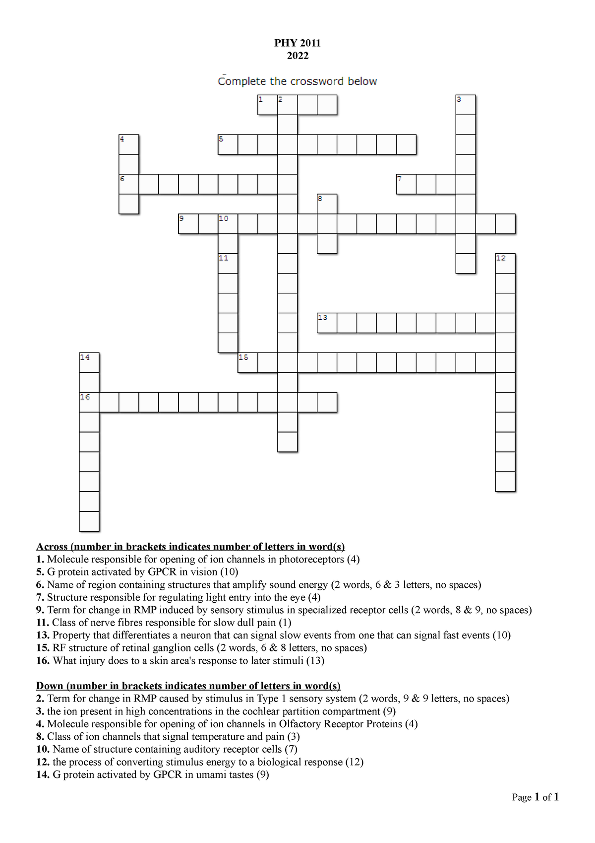 PHY2011 Y2K22 WS 4 Crossword PHY 2011 2022 Across (number in brackets