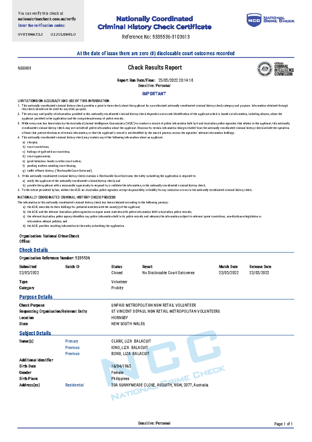 Police Check LIZA - ... - Sensitive: Personal NSS001 Check Results ...