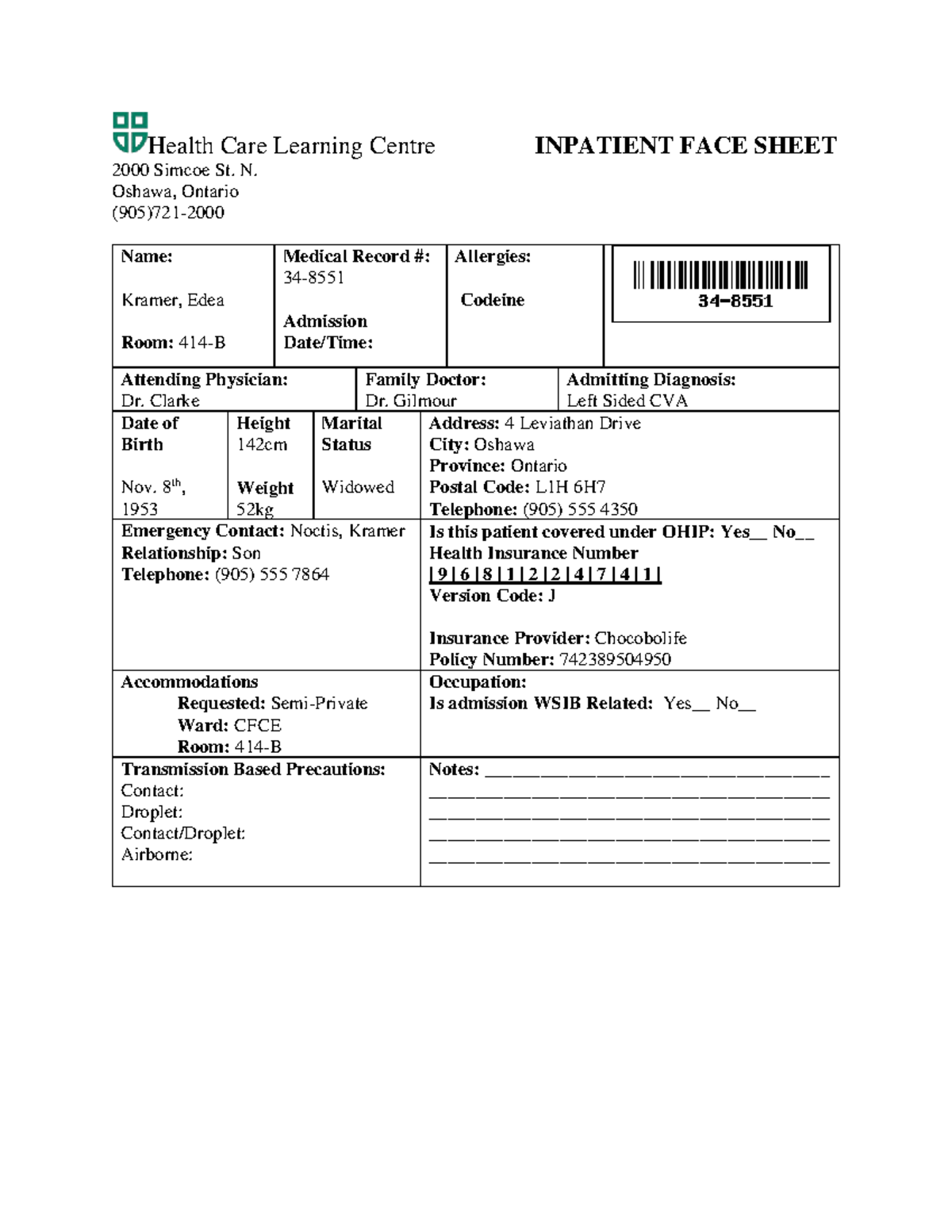 Mock Client Full Chart - Health Care Learning Centre INPATIENT FACE