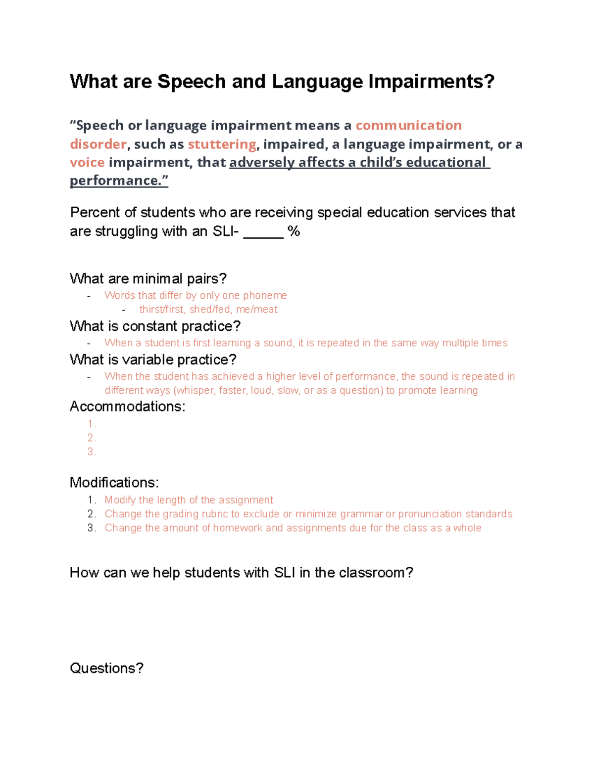 Mini teaching handout What are Speech and Language Impairments