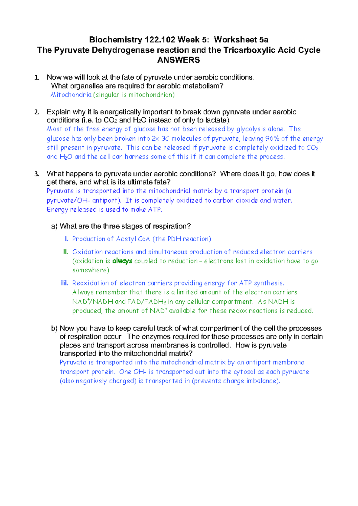 Week 5 Worksheet 5a PDH TCA answers - Biochemistry 122 Week 5 ...