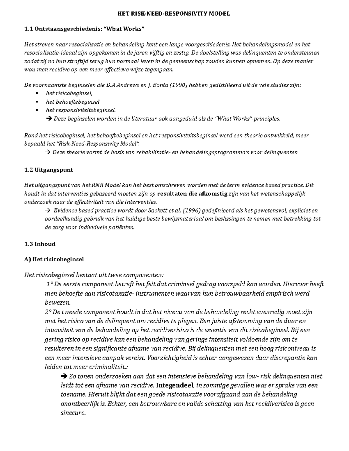 Criminologische psychologie Risk Need Responsivity model - HET RISK ...