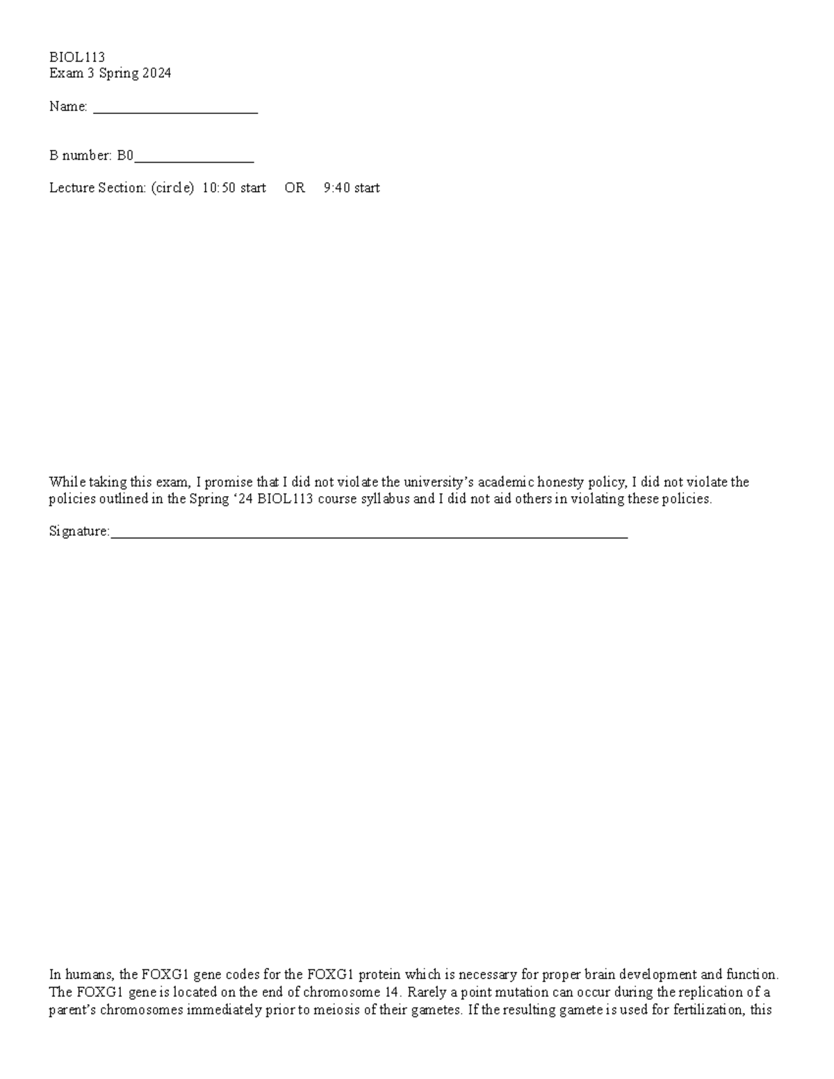 Bio exam 3 pdf - exam practice set - BIOL Exam 3 Spring 2024 Name