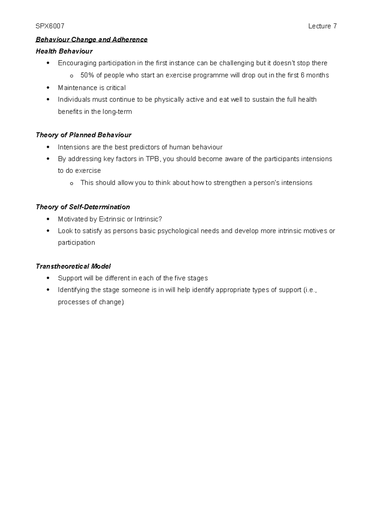 L7 - Behaviour Change and Adherence - SPX6007 Lecture 7 Behaviour ...