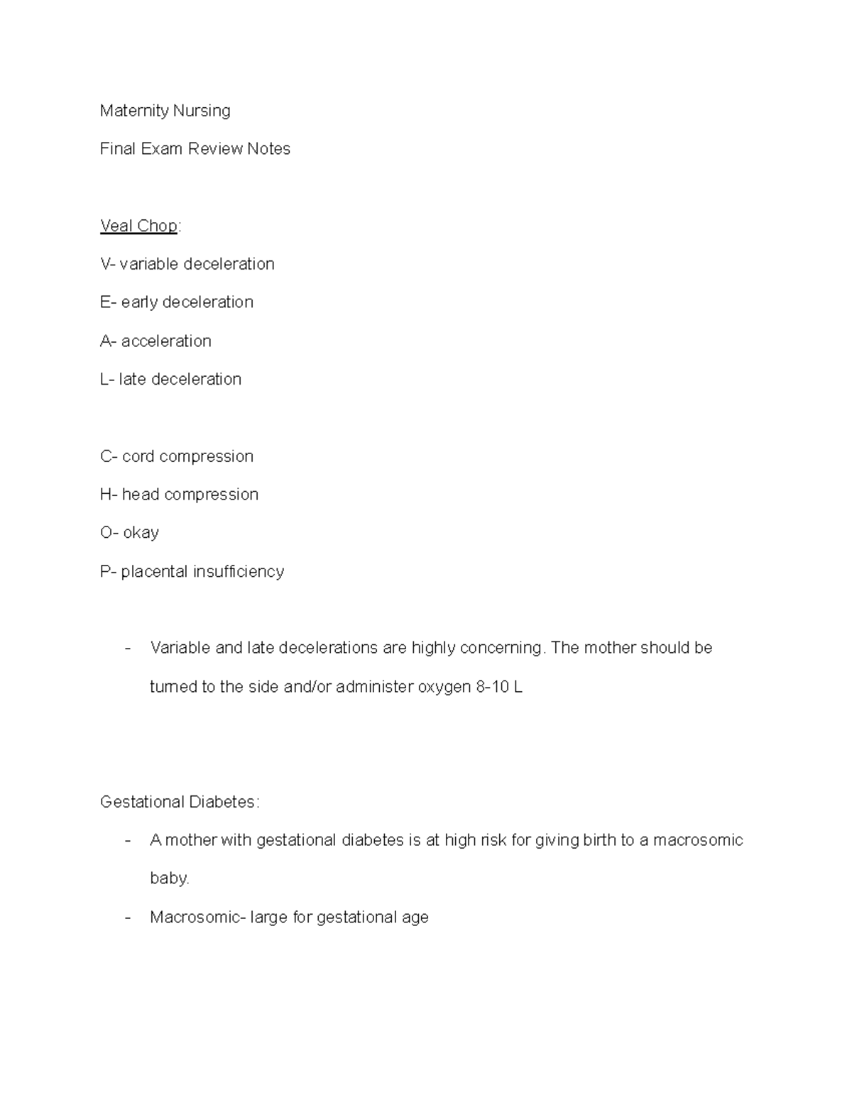 Maternity Nursing final review 1 Maternity Nursing Final Exam Review