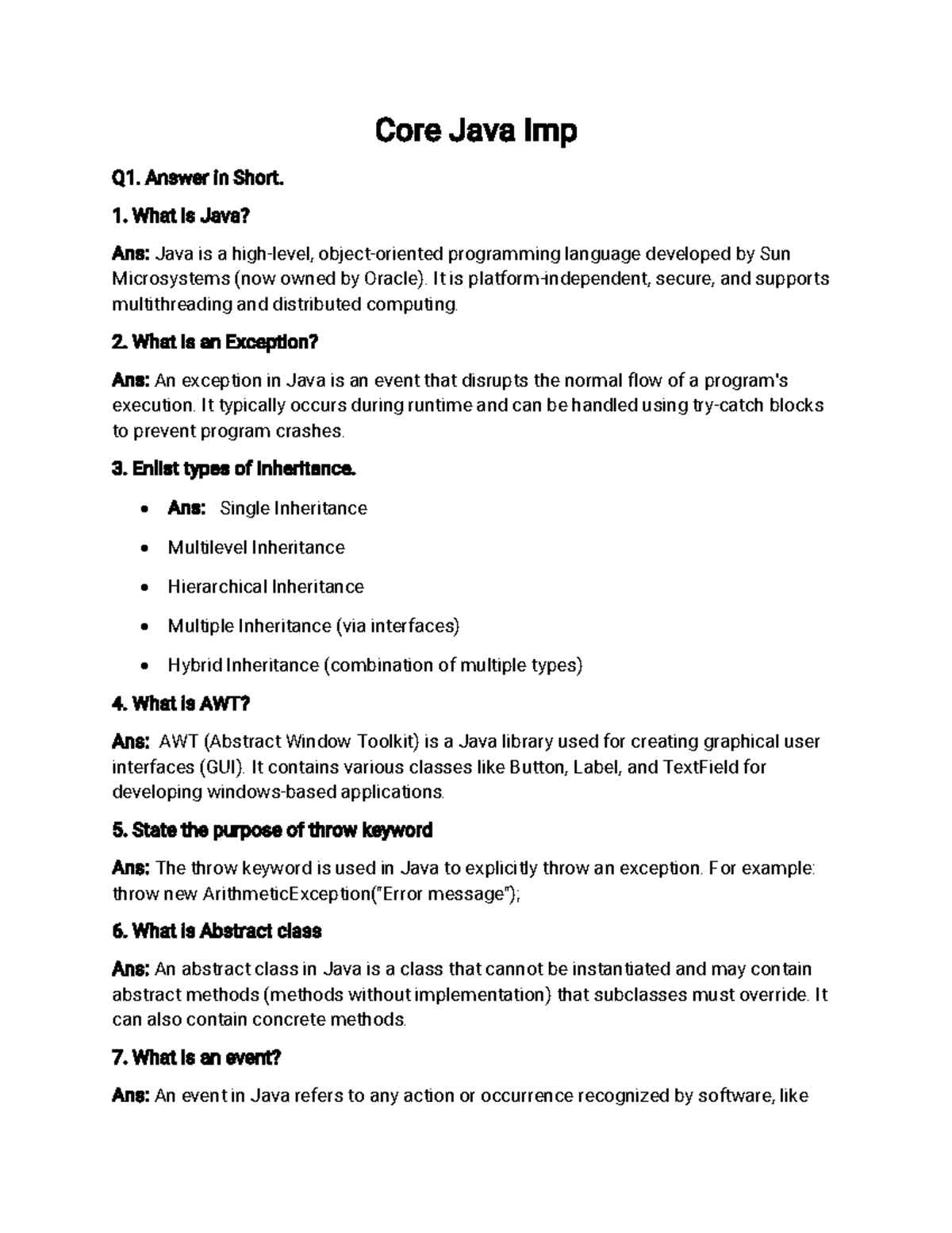 Core Java Imp - I want material for exams - Core Java Imp Q1. Answer in ...