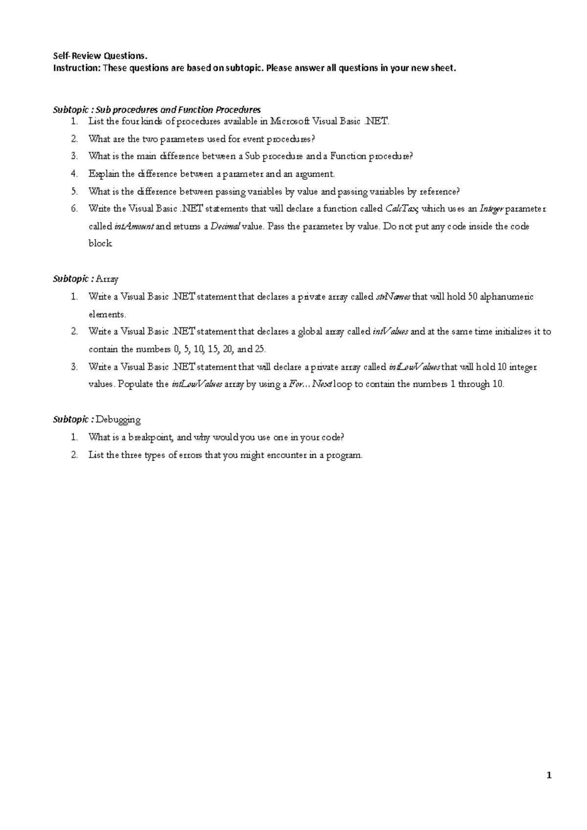 .NET Tutorial - Practical using Visual Studio - 1 Self-Review Questions ...