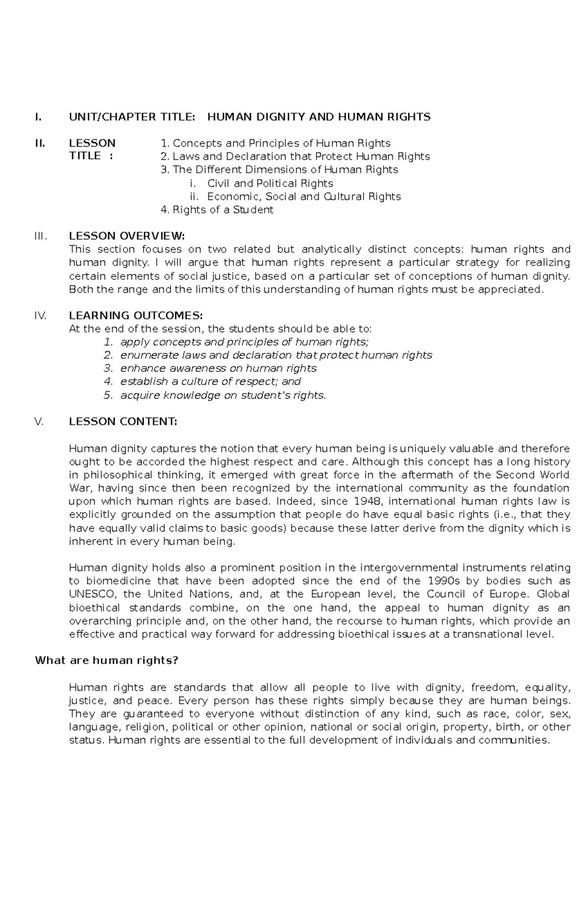 Module-5 - for your reference - I. UNIT/CHAPTER TITLE: HUMAN DIGNITY ...