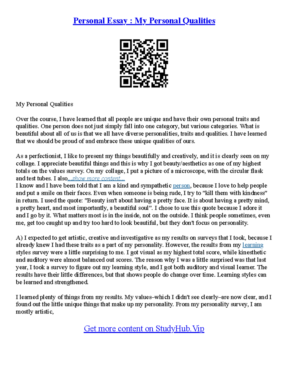 College Personal Essay Samples - Personal Essay : My Personal Qualities ...