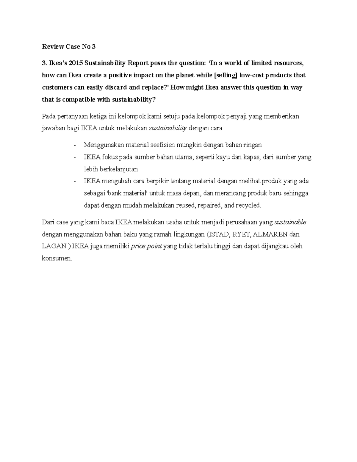 Case No 3 - saw - Review Case No 3 3. Ikea’s 2015 Sustainability Report ...