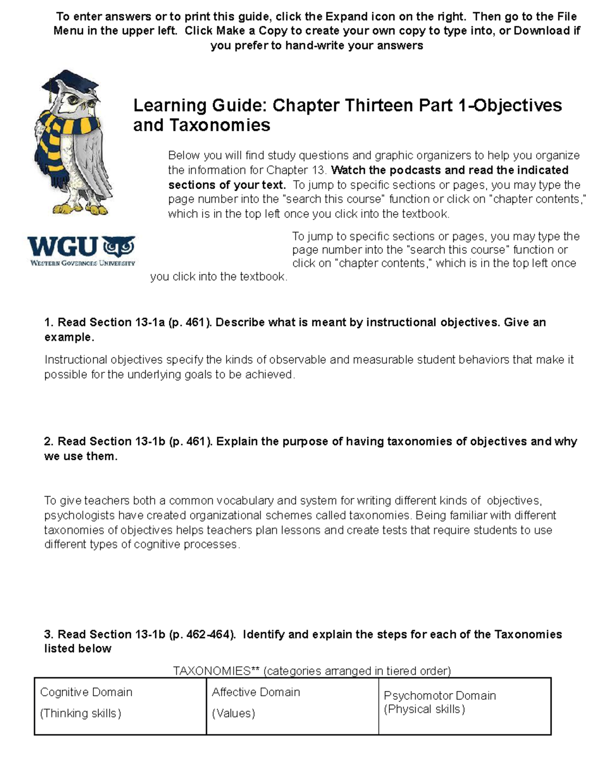 Copy Of Chapter 13 Learning Guide Part I - To Enter Answers Or To Print ...