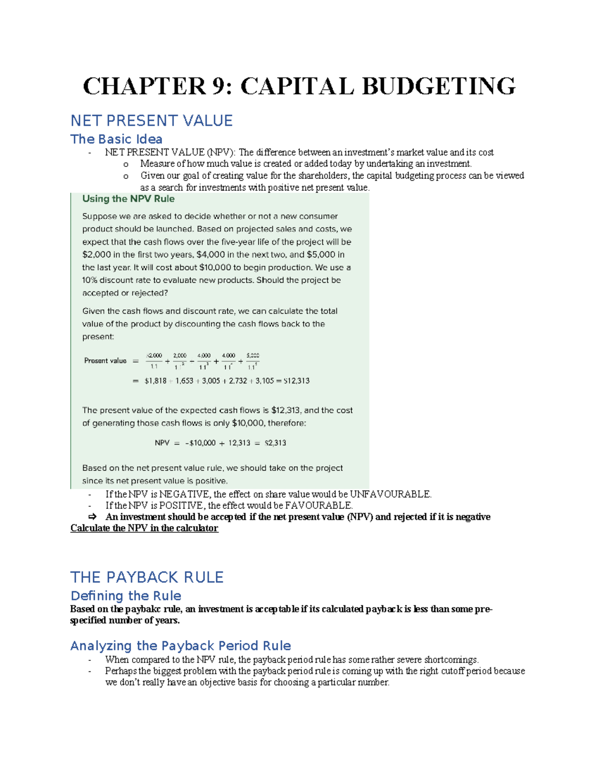 Chapter 9 - Finance - CHAPTER 9: CAPITAL BUDGETING NET PRESENT VALUE ...