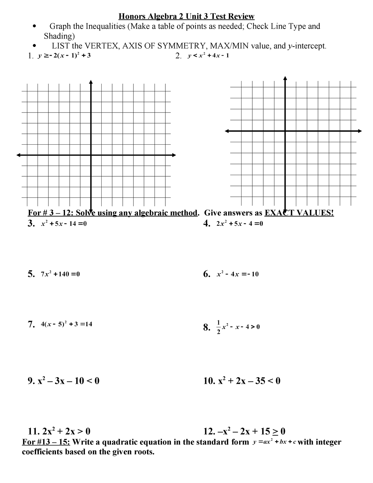 Unit 3 test review - poop - Honors Algebra 2 Unit 3 Test Review Graph ...