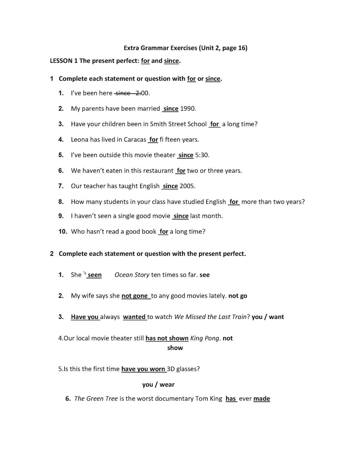 Extra Grammar Exercises Unit 2 Page 16 Extra Grammar Exercises 