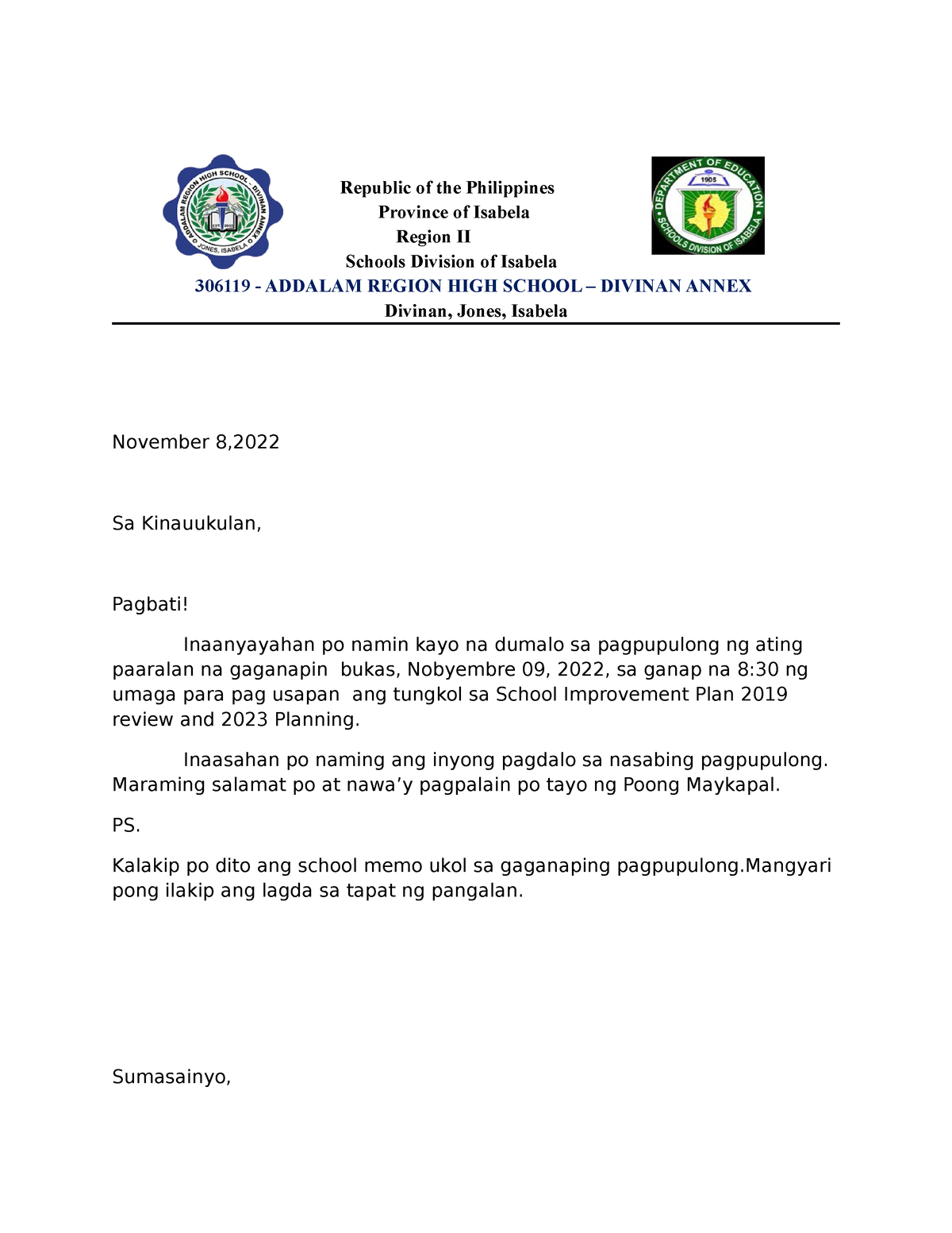 Letter - thank you. - Republic of the Philippines Province of Isabela ...