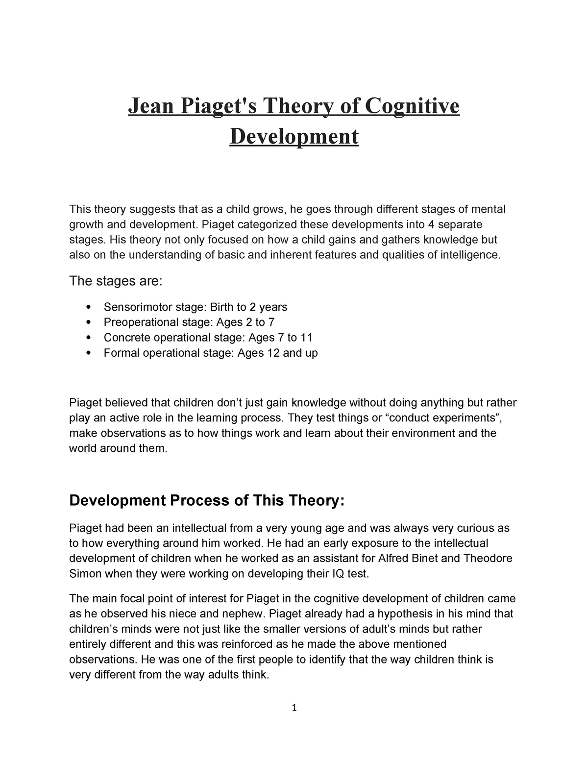 Theory of cognitive development Jean Piaget s Theory of