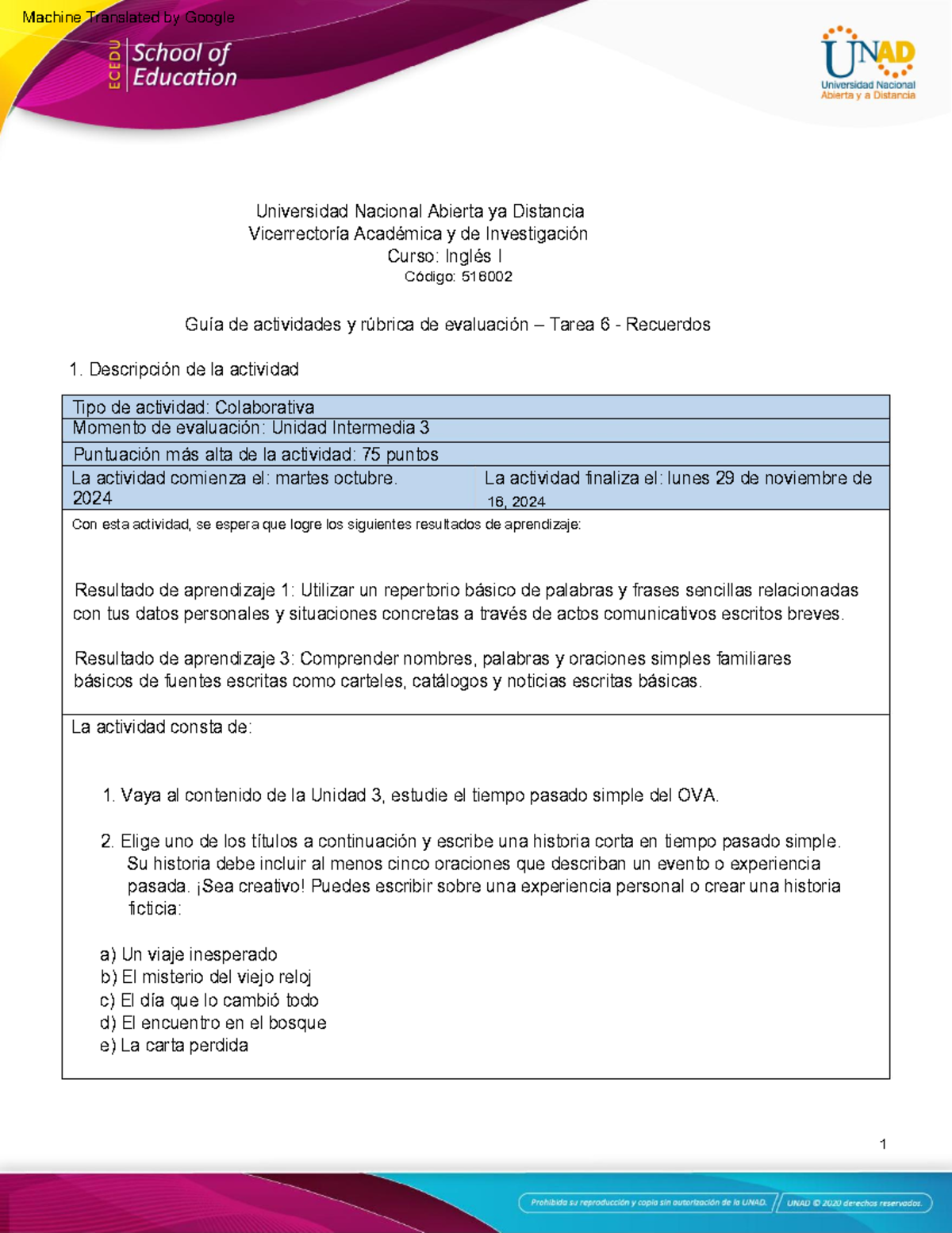 ESP - Activity Guide and Evaluation Rubric - Unit 3 - Task 6 - Memories ...