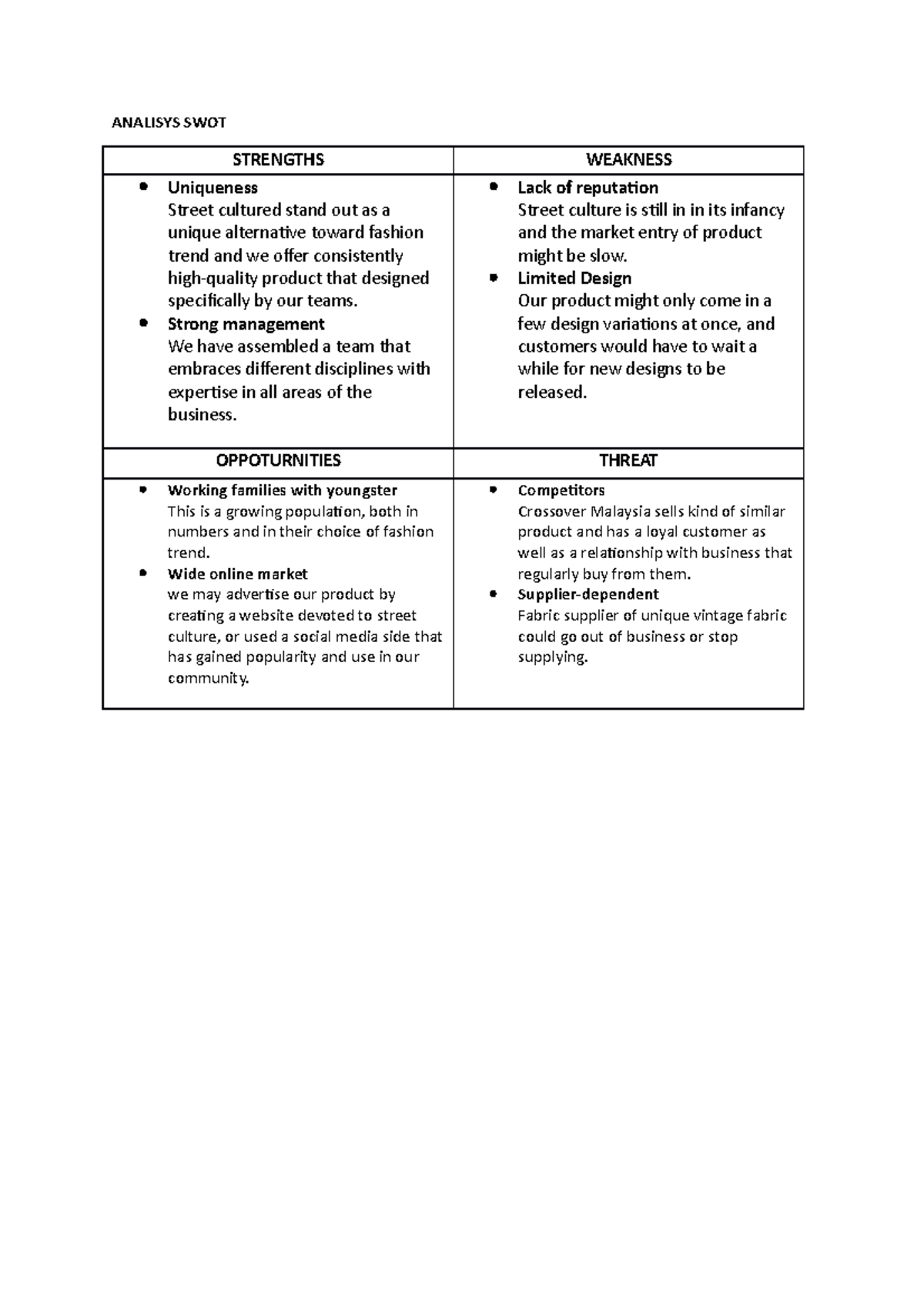 Analisys SWOT - good foy your references - ANALISYS SWOT STRENGTHS ...