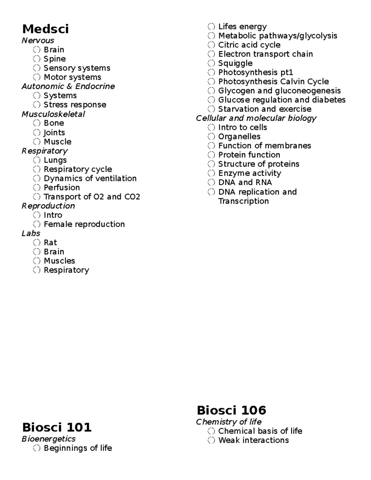 Sem2 Content Checklist - Medsci Nervous 〇 Brain 〇 Spine 〇 Sensory ...