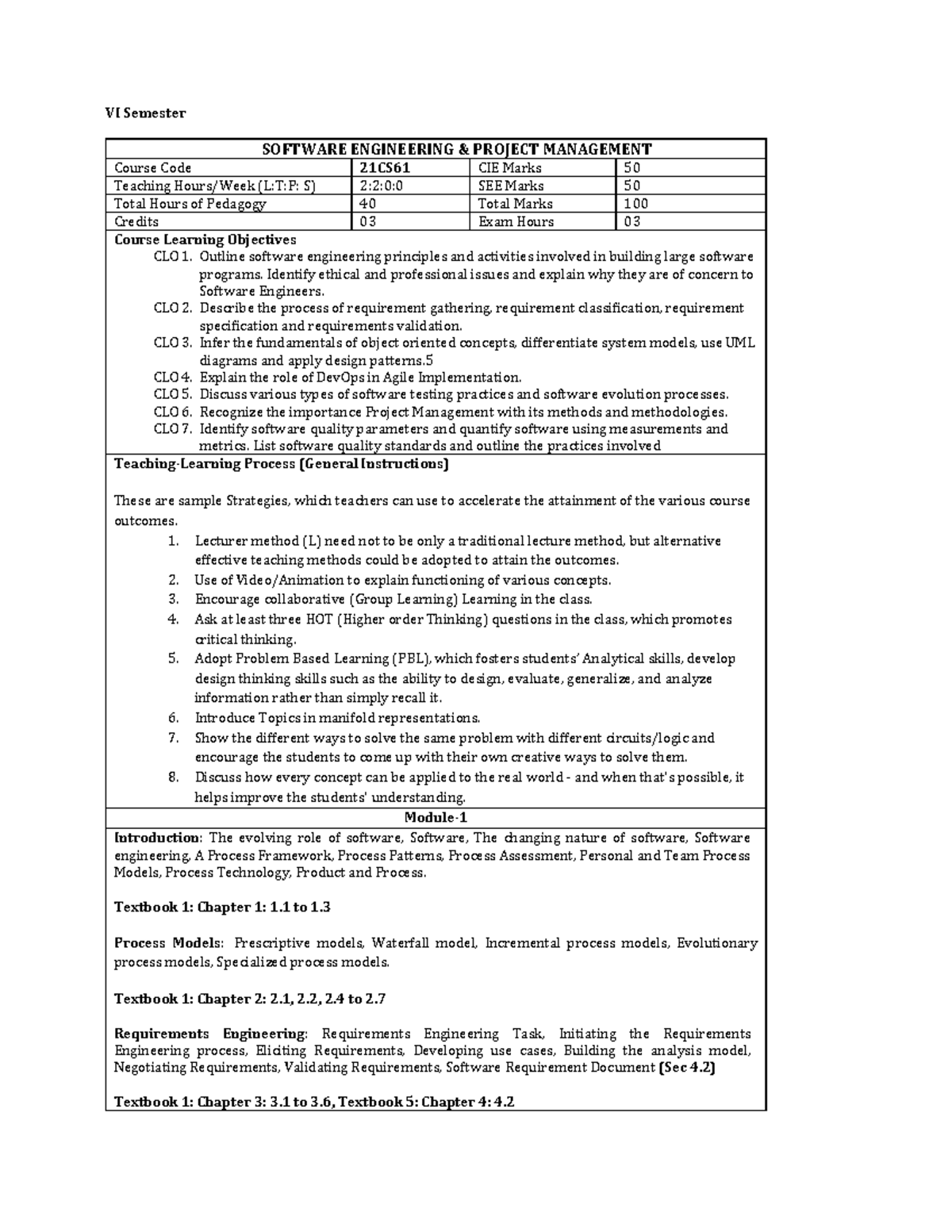 6th sem - VI Semester SOFTWARE ENGINEERING & PROJECT MANAGEMENT Course ...