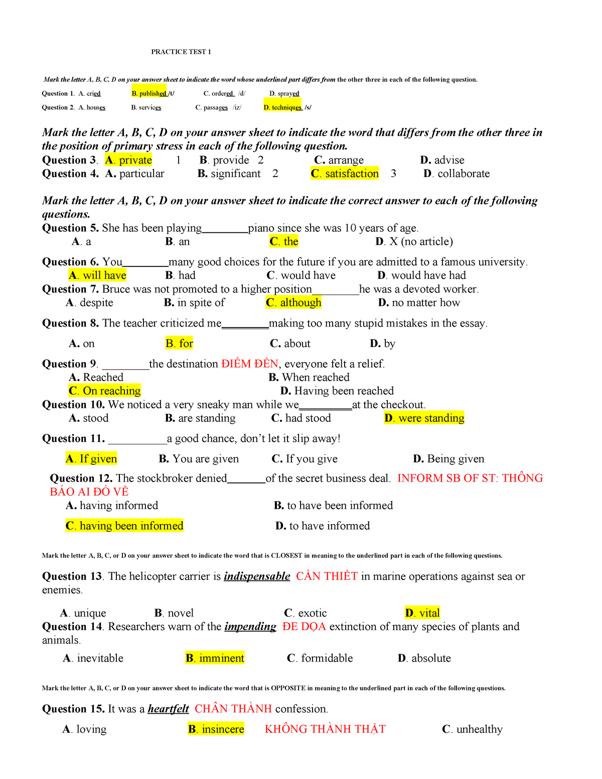 Practice Test 1 - on tap khao sat ki 2 - PRACTICE TEST 1 Mark the ...