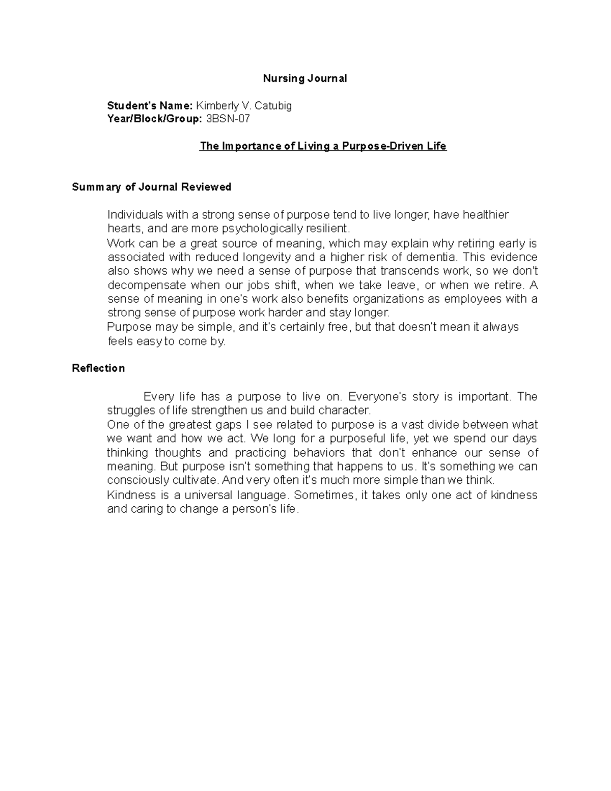 Nursing Journal - purpose in life - Nursing Journal Student’s Name ...