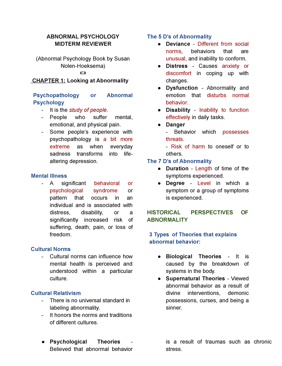 Abnormal-P Sychology-1 - ABNORMAL PSYCHOLOGY MIDTERM REVIEWER (Abnormal ...