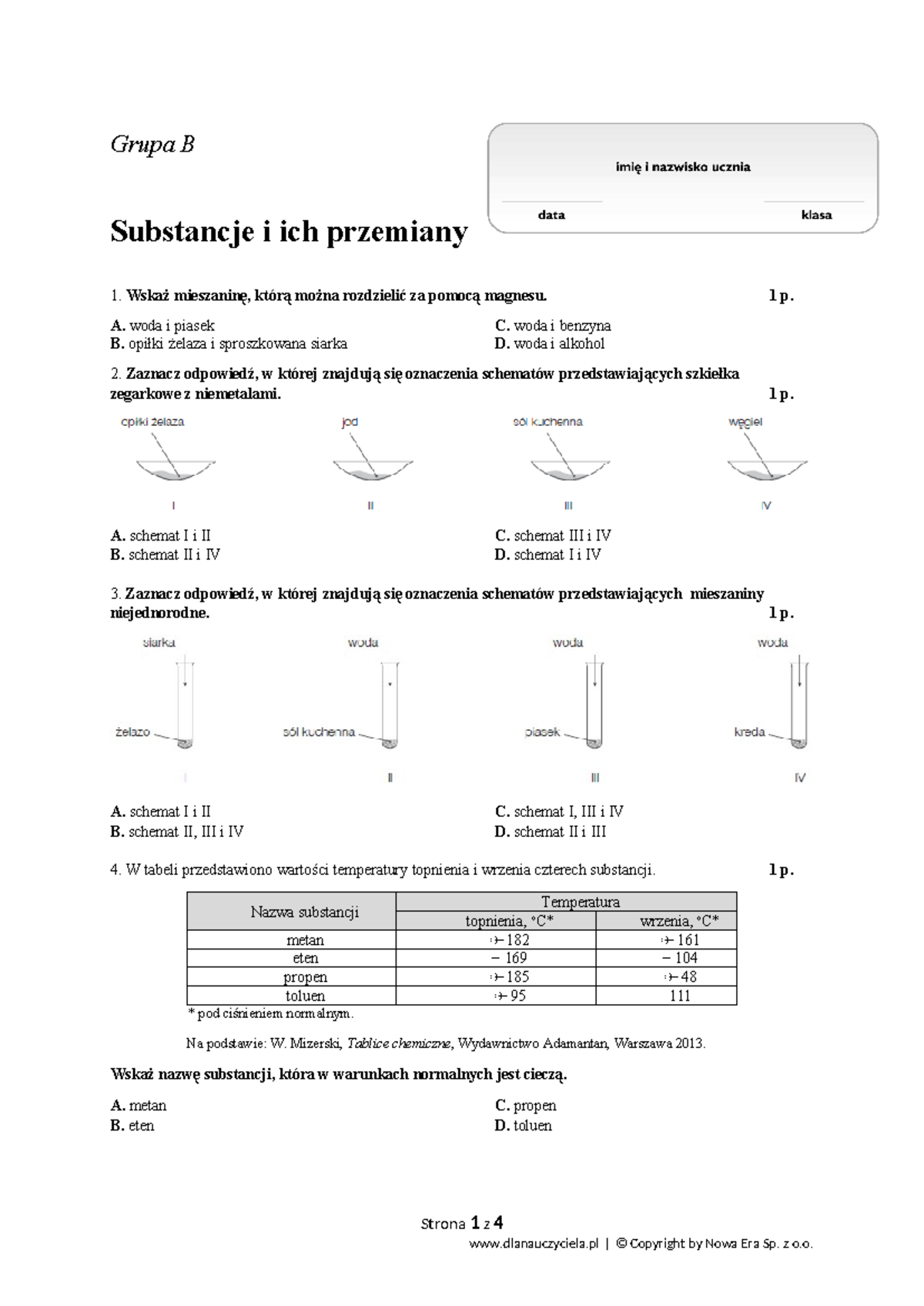 Sprawdzian 1 substancje i ich przemiany grupa b - Grupa B Substancje i