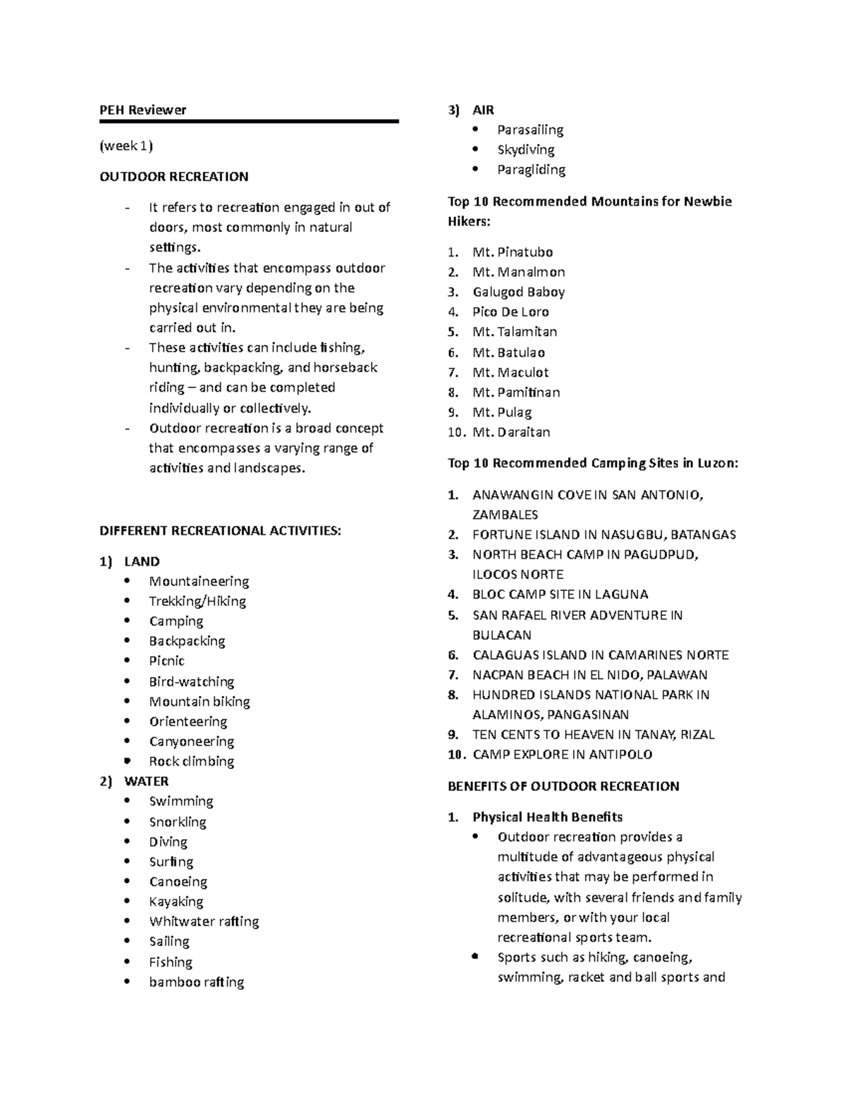 PEH- Recreation - PEH Reviewer (week 1) OUTDOOR RECREATION It refers to ...