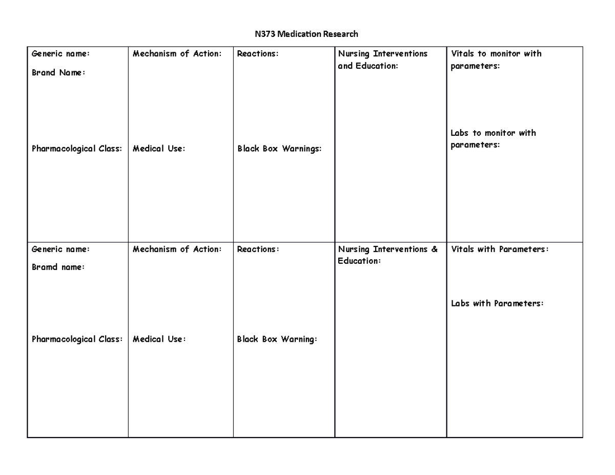 Blank Medication Chart - N373 Medication Research Generic name: Brand ...