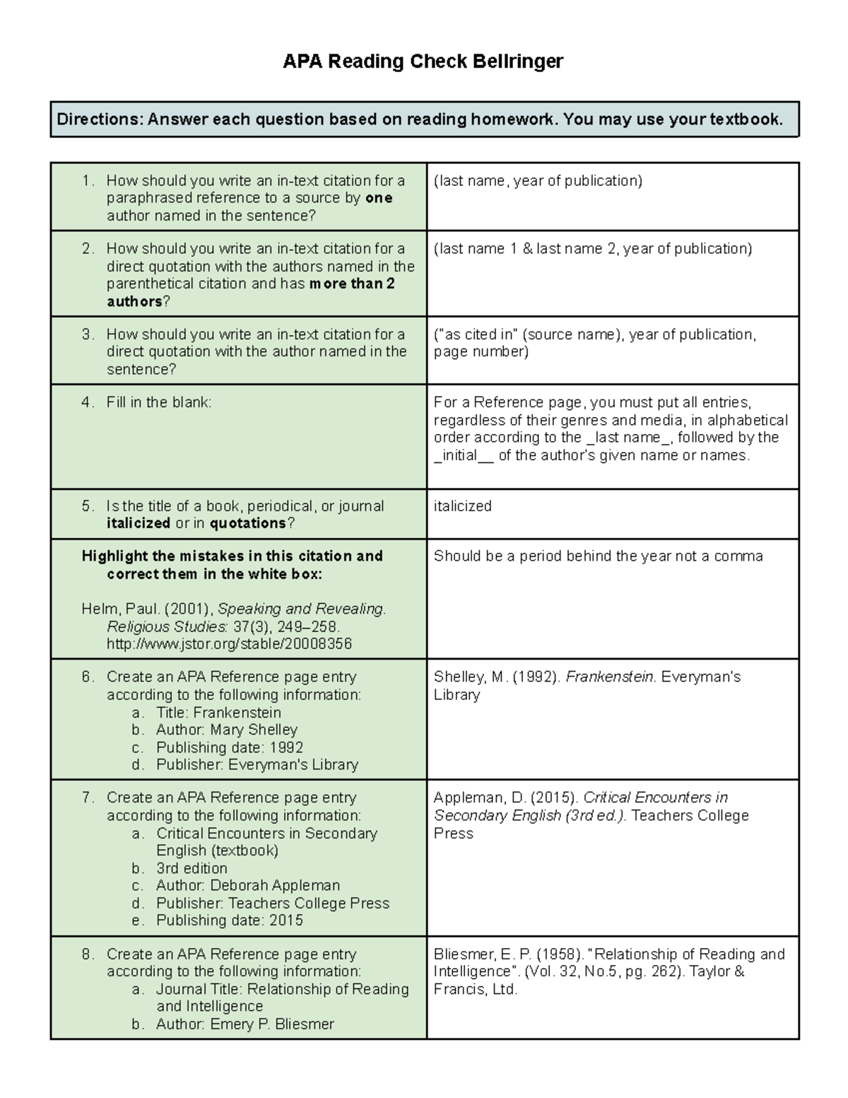 APA Reading Check Highlights of APA APA Reading Check Bellringer