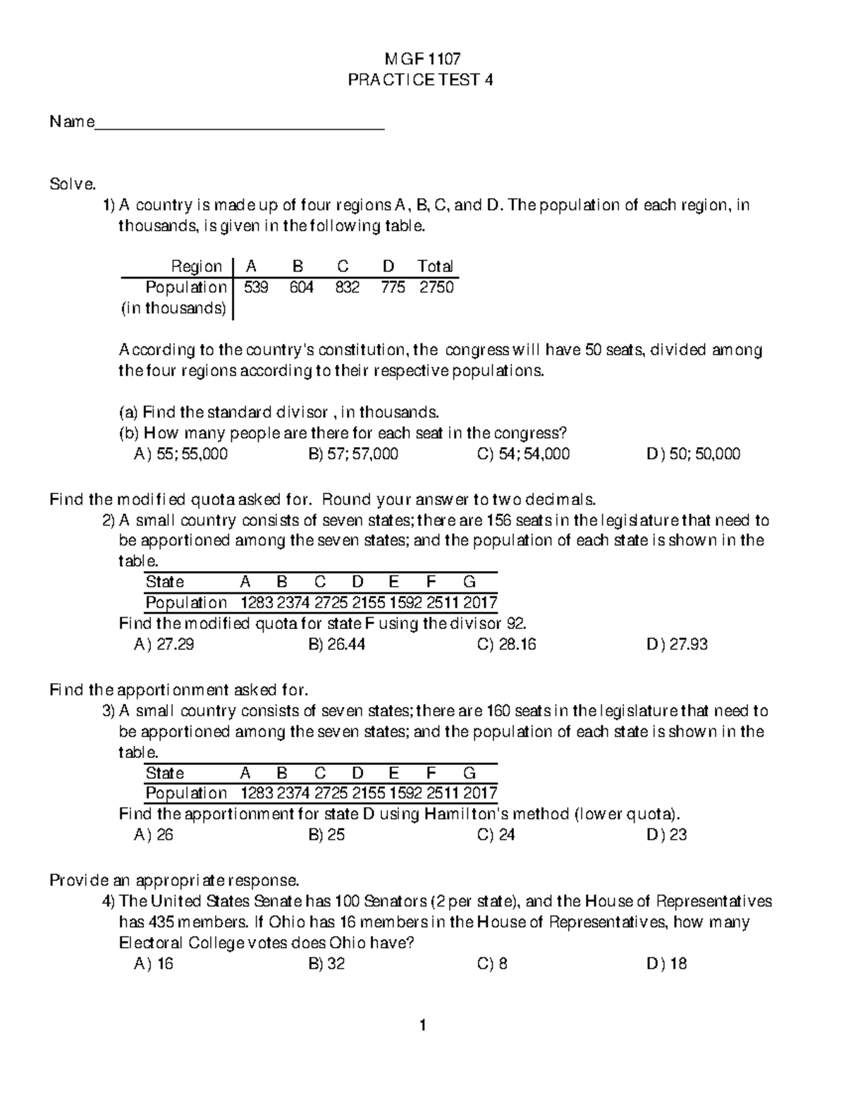 Practice Test 4 Mgf 1107 Practice Test 4 Name