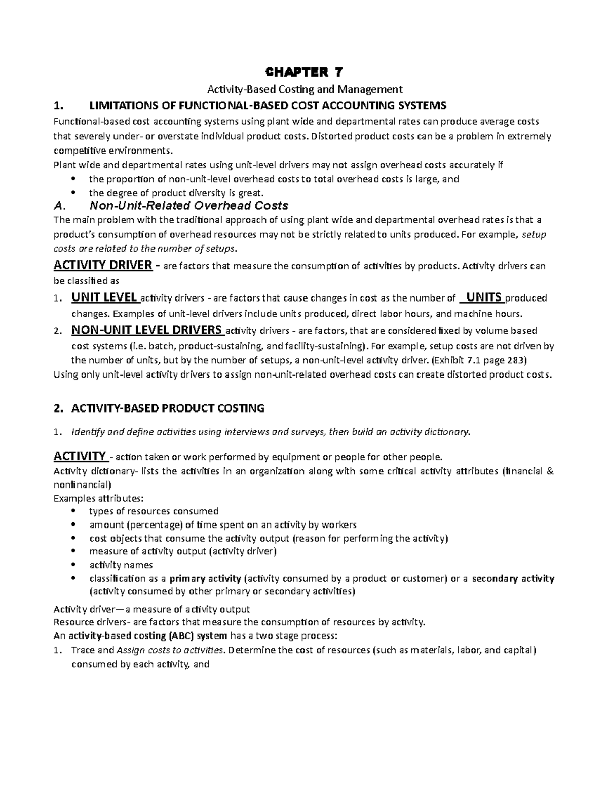 Chapter 7 Outline Blank - CHAPTER 7 Activity-Based Costing and ...