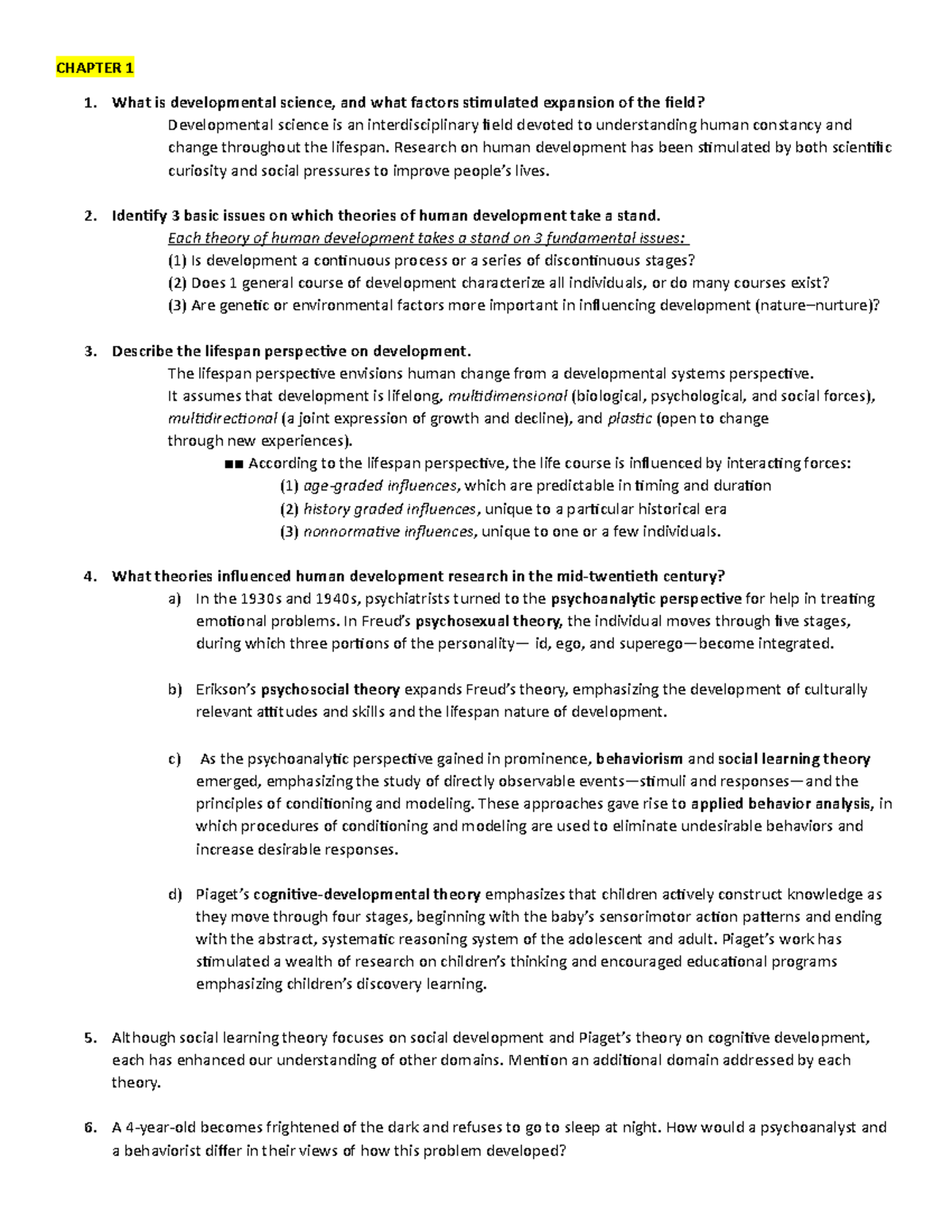 Practice Questions for Midterm 1 - CHAPTER 1 What is developmental ...