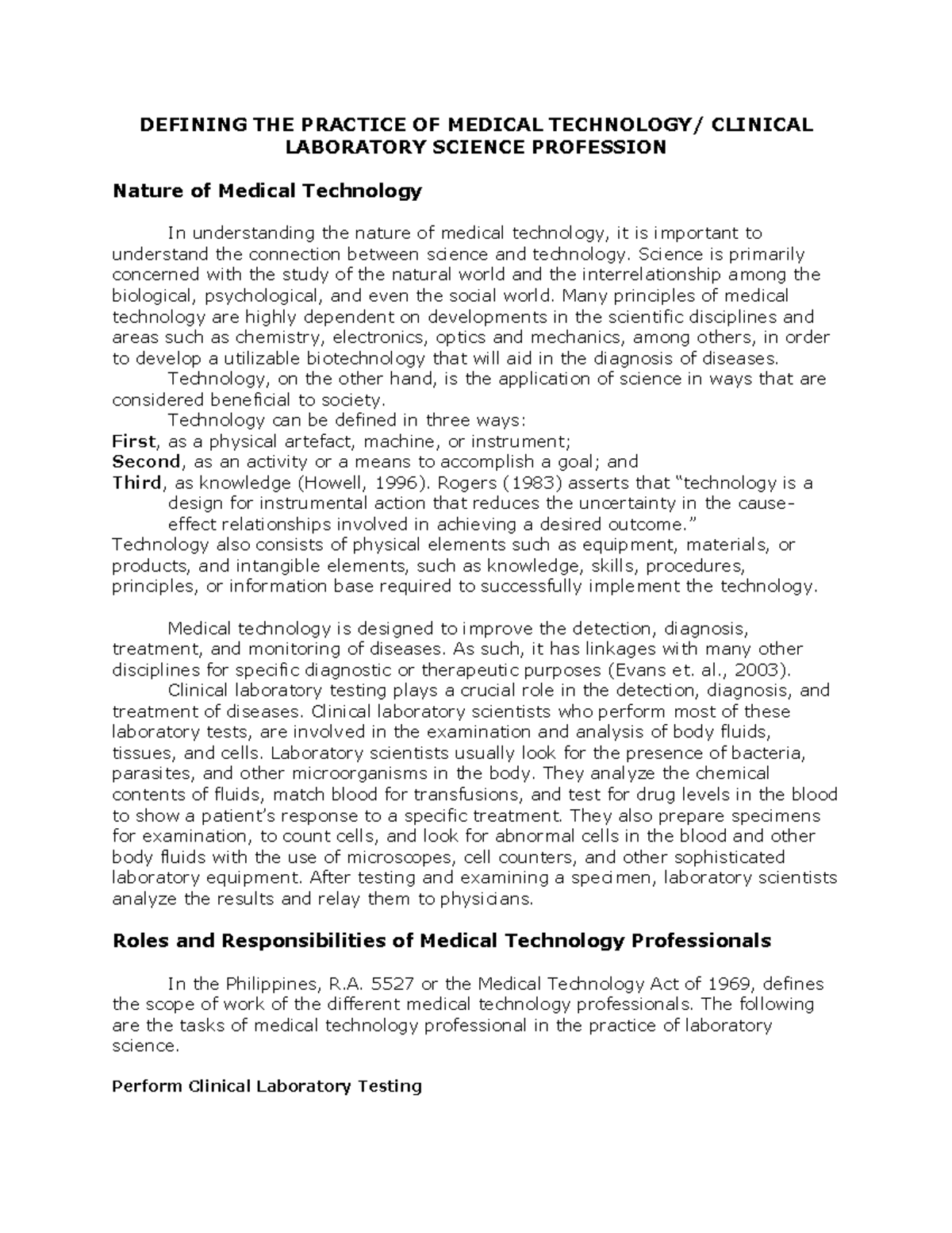 Module 3 Defining the Practice of Medical Technology or Clinical