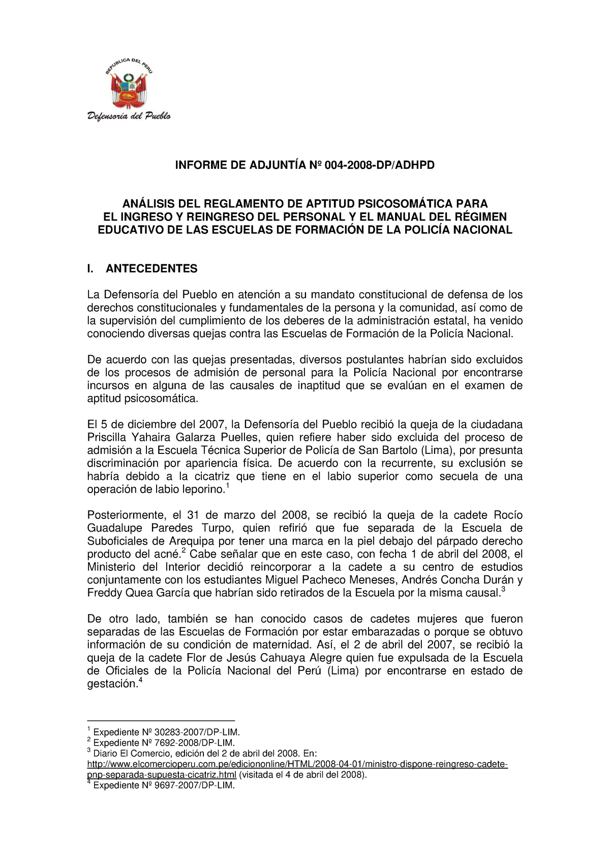 Informe 004 2008 Adhpd Hdjakwk Informe De AdjuntÍa Nº 004 2008 Dpadhpd AnÁlisis Del 