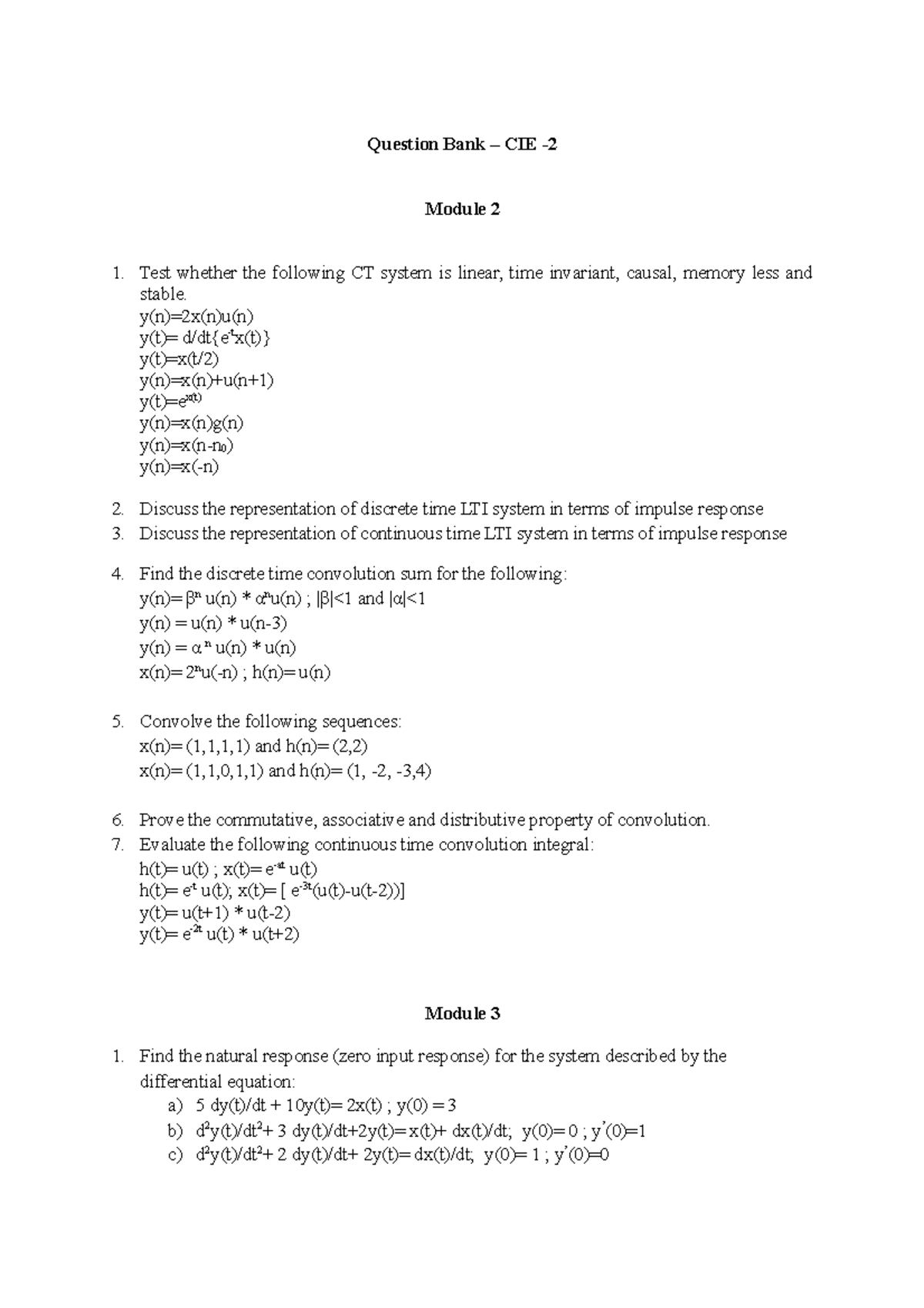 Question Bank Signals and Systems Question Bank CIE Module 2 Test