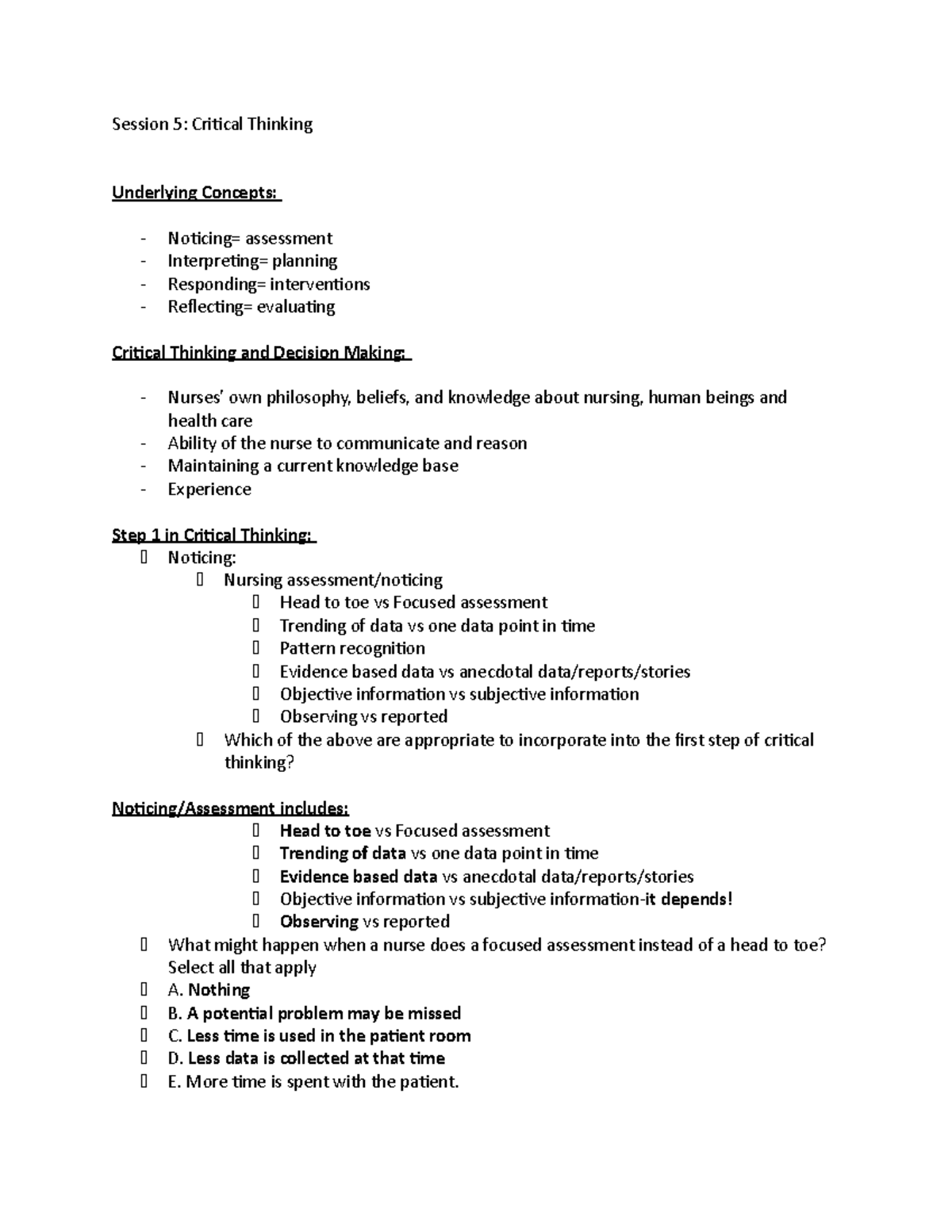 Session 5 Critical Thinking - NUR-219C-Z20 - TTC - Studocu