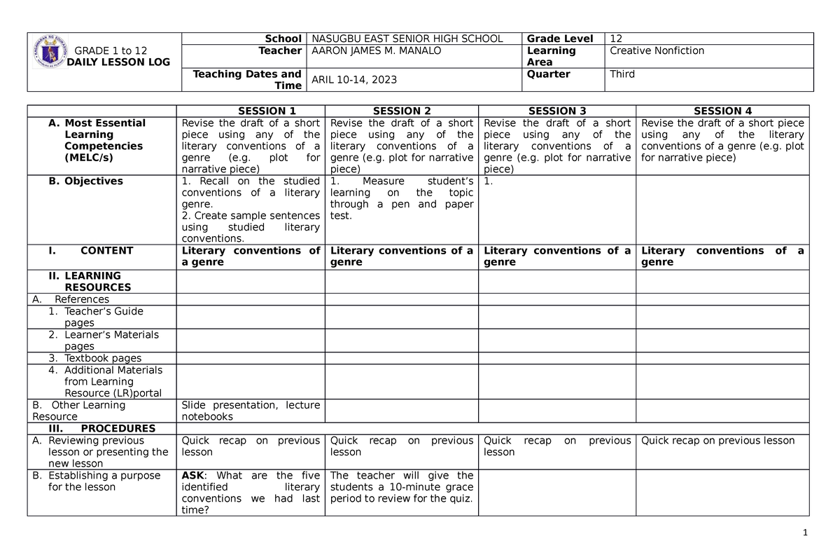 April 10-14, 2023 - lesson plan samples - GRADE 1 to 12 DAILY LESSON ...