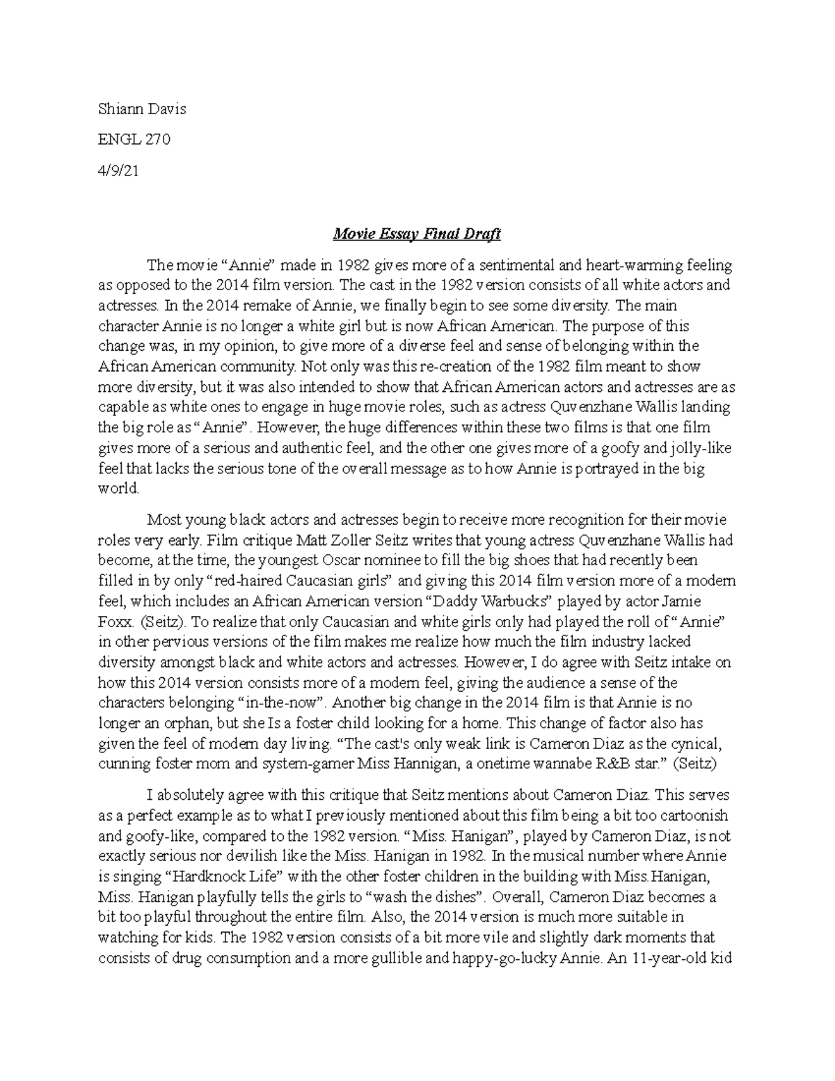 ENGL 270 Movie Essay Final Draft - Shiann Davis ENGL 270 4/9/ Movie ...