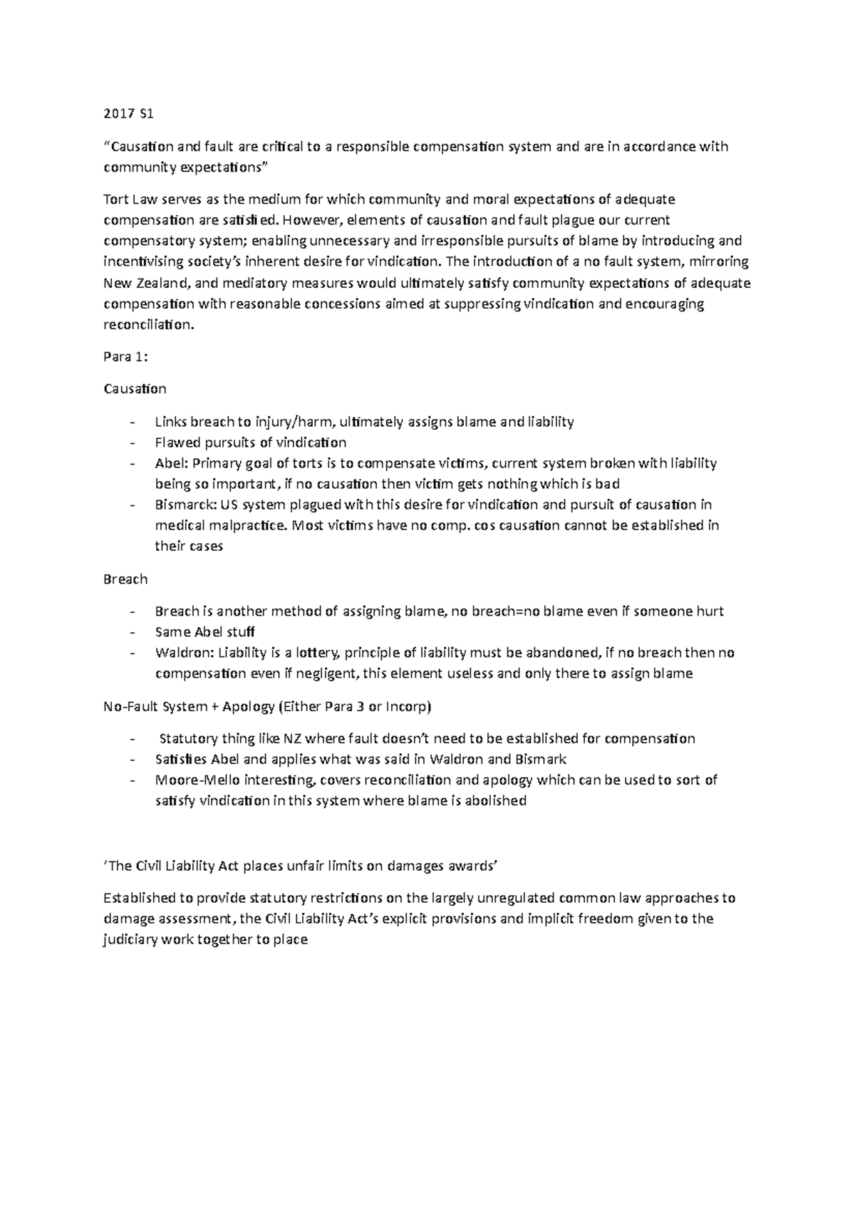 Sample/practice exam 2017, answers - 2017 S “Causation and fault are ...