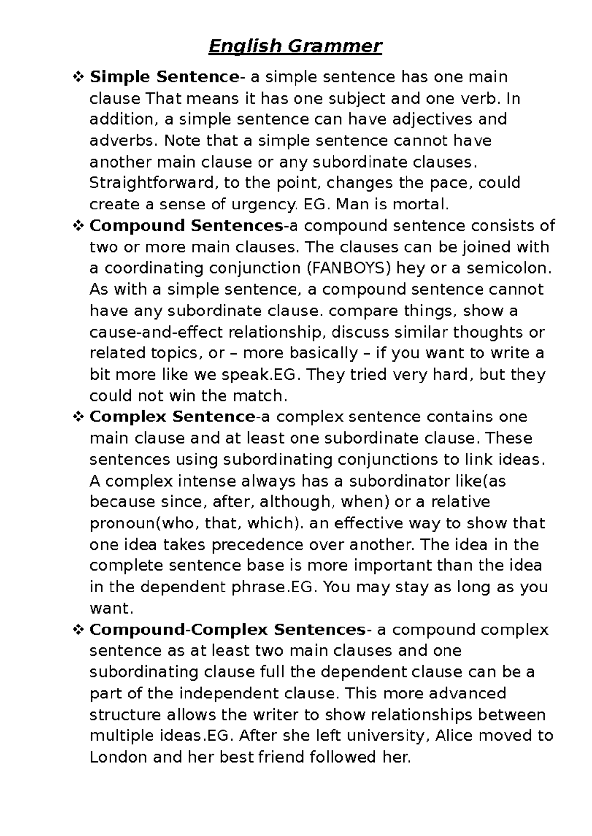 English Grammer - English Grammer Simple Sentence- a simple sentence ...