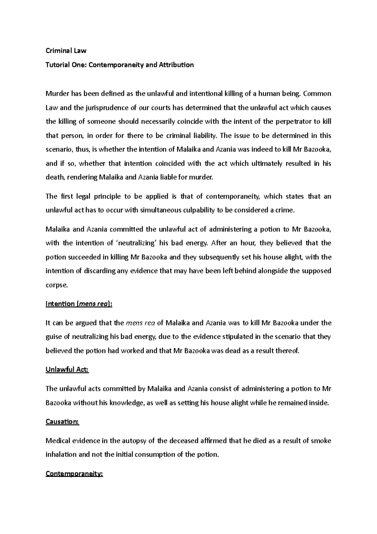 Criminal Law tutorial 1 answer for problem question - Criminal Law ...