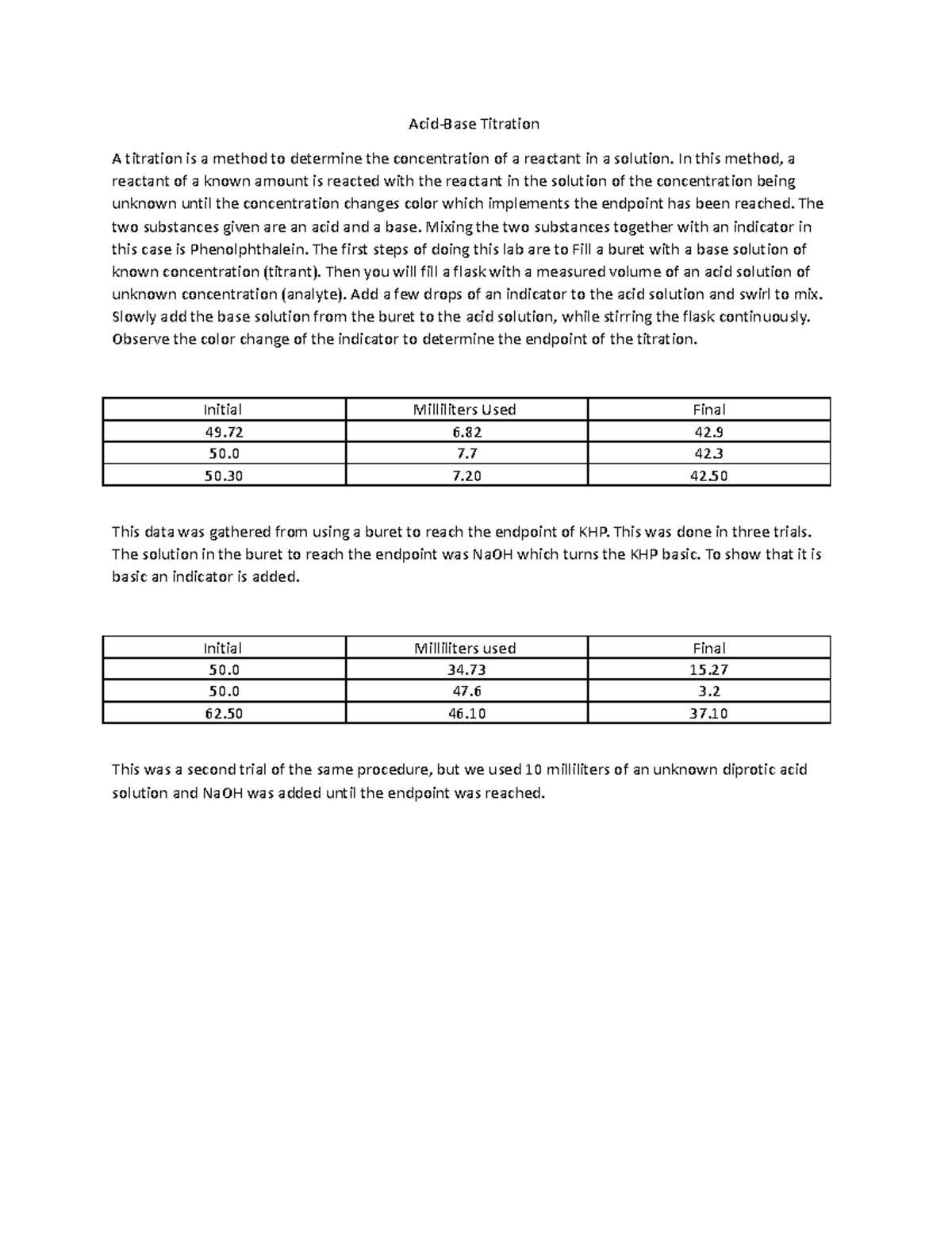 Acidbase AcidBase Titration A titration is a method to determine the concentration of a